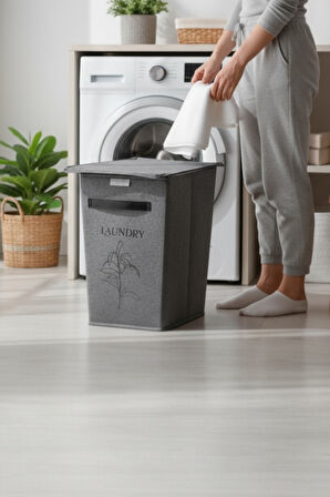 Gri Tek Gözlü Keçe Çamaşır Sepeti – Deri Detaylı, Şık ve Dayanıklı Tasarım