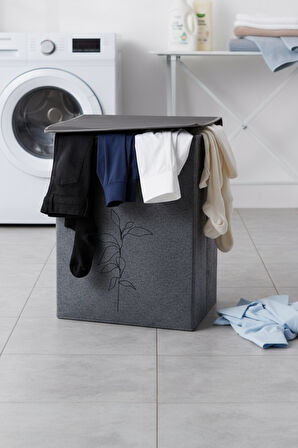 Gri Çift Gözlü Keçe Çamaşır Sepeti – Renkli/Beyaz Ayırma Bölmeli, Deri Detaylı