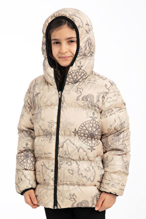 Spor Kız ÇocukÇiçek Desen Polar Su Ve Rüzgar Geçirmez Kapüşonlu Şişme Mont