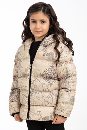 Spor Kız ÇocukÇiçek Desen Polar Su Ve Rüzgar Geçirmez Kapüşonlu Şişme Mont