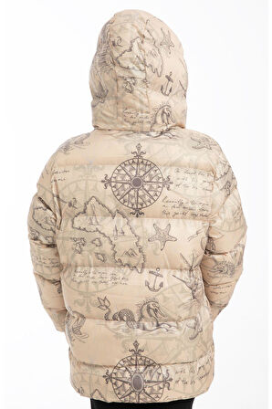 Spor Kız ÇocukÇiçek Desen Polar Su Ve Rüzgar Geçirmez Kapüşonlu Şişme Mont