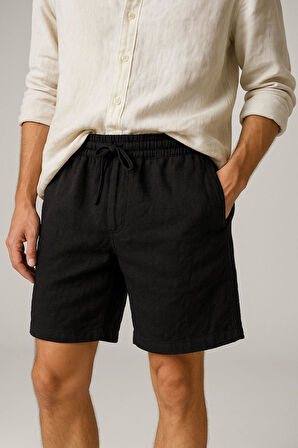 Erkek Cepli Keten Dokulu Şort