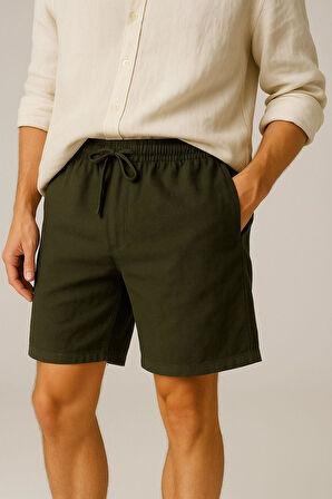 Erkek Cepli Keten Dokulu Şort