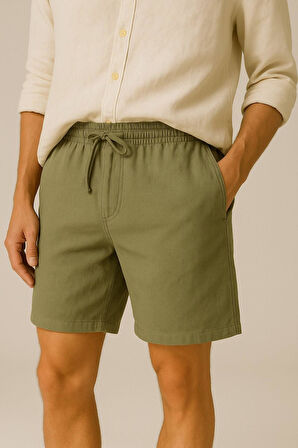 Erkek Cepli Keten Dokulu Şort