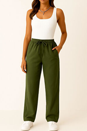 Kadın Pantolon – Yüksek Bel, Bağcıklı, Salaş Rahat Kalıp, Günlük Ve Şık Kullanım