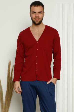 Moda Çizgi Erkek %100 Pamuk Önden Düğmeli Cepli Uzun Kollu Pijama Takımı 6767 Bordo