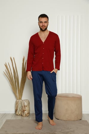 Moda Çizgi Erkek %100 Pamuk Önden Düğmeli Cepli Uzun Kollu Pijama Takımı 6767 Bordo