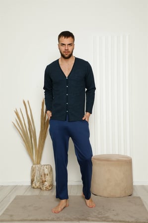 Moda Çizgi Erkek %100 Pamuk Önden Düğmeli Cepli Uzun Kollu Pijama Takımı 6768 Lacivert