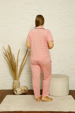 Moda Çizgi Kadın Pamuklu Cepli Kısa Kol Büyük Beden Pijama Takım 202126 Pembe