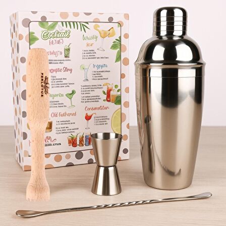Perlotus Kokteyl Shaker Jigger Mojito Tokmak Bar Kaşığı Kokteyl Tarifleri Seti Kutusunda