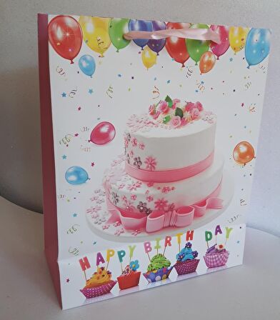 KARTON ÇANTA HAPPY BİRTHDAY PASTALI 26CM X 32CM - 1 ADET