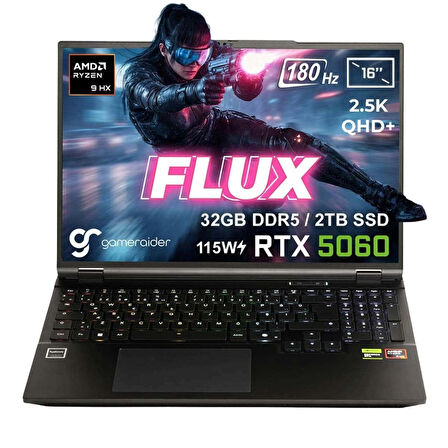 GameRaider FLUX GR16 AMD Ryzen 9-8940HX 32GB DDR5 2TB SSD RTX 5060 8GB 115W 16 inç 2.5K QHD+ 180Hz FreeDos Gaming Laptop