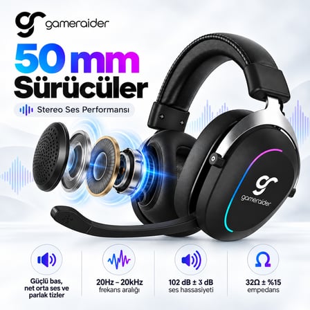 GameRaider Clarity RGB Stereo Kablosuz Gaming Kulaklık – 2 Yıl Birebir Değişim Garantili