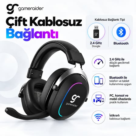 GameRaider Clarity RGB Stereo Kablosuz Gaming Kulaklık – 2 Yıl Birebir Değişim Garantili