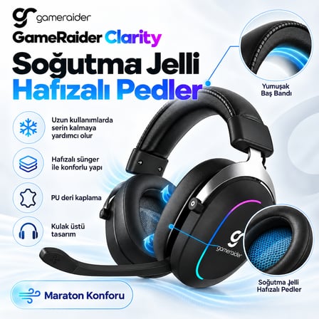 GameRaider Clarity RGB Stereo Kablosuz Gaming Kulaklık – 2 Yıl Birebir Değişim Garantili