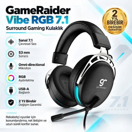 GameRaider Vibe RGB 7.1 Surround Gaming Kulaklık – 2 Yıl Birebir Değişim Garantili