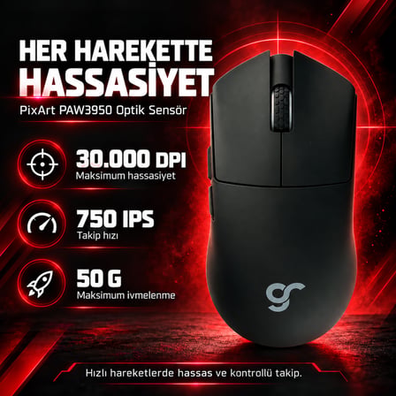 GameRaider GR3 PRO Max Obsidian Black PixArt 3950 Sensör Kablosuz Gaming Mouse