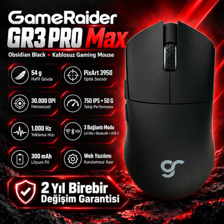 GameRaider GR3 PRO Max Obsidian Black PixArt 3950 Sensör Kablosuz Gaming Mouse
