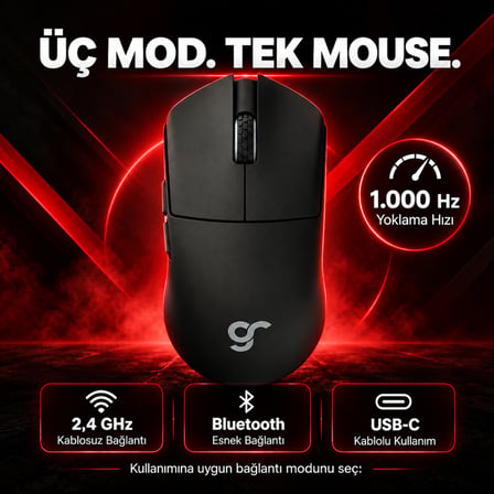 GameRaider GR3 PRO Max Obsidian Black PixArt 3950 Sensör Kablosuz Gaming Mouse