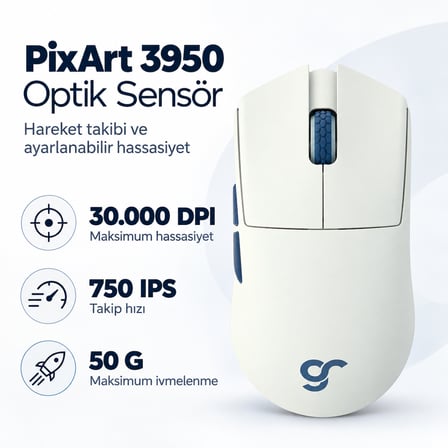 GameRaider GR3S Max Frost White 8K Hz PixArt 3950 Sensör Kablosuz Gaming Mouse