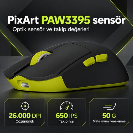 GameRaider GR3S PRO Obsidian Black PixArt 3395 Sensör Kablosuz Gaming Mouse