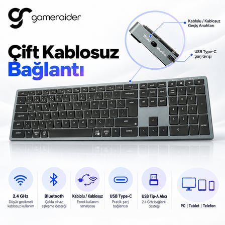 GameRaider K6 Pro Ultra-Slim Kablosuz Türkçe Klavye