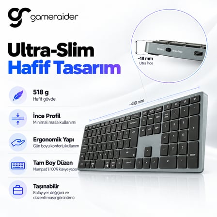 GameRaider K6 Pro Ultra-Slim Kablosuz Türkçe Klavye