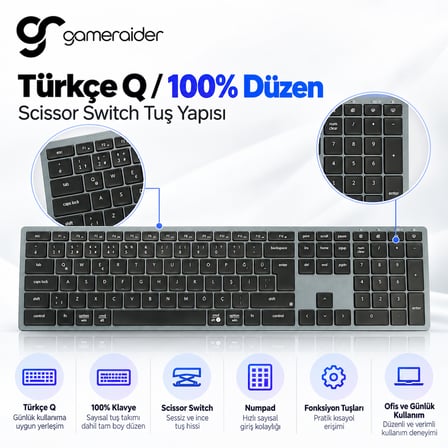 GameRaider K6 Pro Ultra-Slim Kablosuz Türkçe Klavye