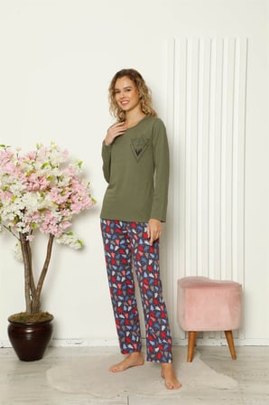 Moda Çizgi Kadın Penye Uzun Kol Pijama Takım 4101 Haki