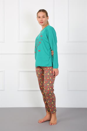 Moda Çizgi Kadın Büyük Beden Penye Pijama Takım 202180 Yeşil