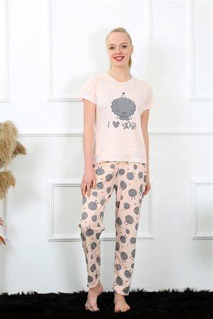 Moda Çizgi Kadın Kısa Kol Pijama Takım 20410 Pudra