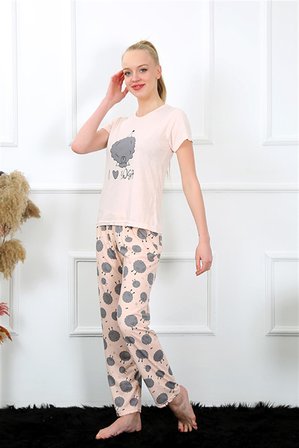 Moda Çizgi Kadın Kısa Kol Pijama Takım 20410 Pudra