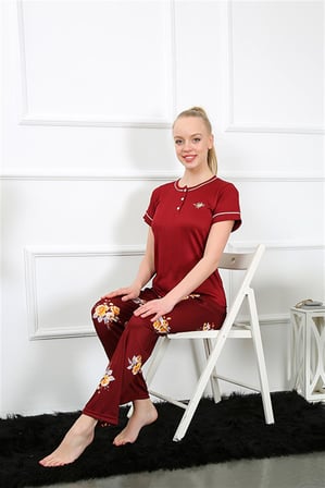 Moda Çizgi Kadın Bordo Kısa Kol Pijama Takım 20388