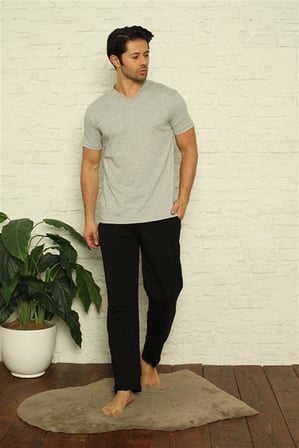 Moda Çizgi Erkek Gri V Yaka 3'lü Pijama Takım 6822