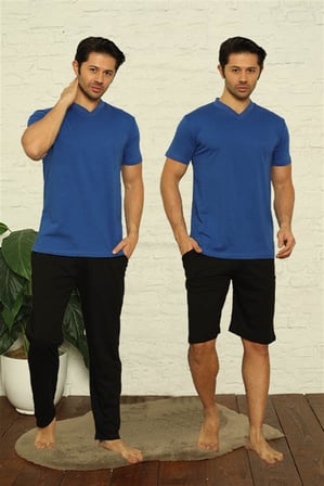 Moda Çizgi Erkek Sax V Yaka 3'lü Pijama Takım 6822 Saks