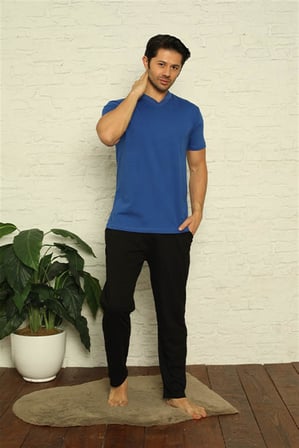 Moda Çizgi Erkek Sax V Yaka 3'lü Pijama Takım 6822 Saks