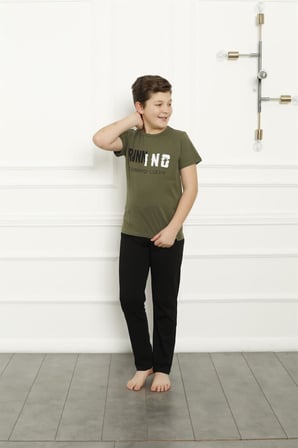 Moda Çizgi Erkek Çocuk Pamuk Kısa Kollu Pijama Takımı 20384 Haki