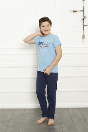 Moda Çizgi Erkek Çocuk Pamuk Kısa Kollu Pijama Takımı 20380 Mavi