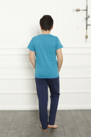 Moda Çizgi Erkek Çocuk Pamuk Kısa Kollu Pijama Takımı 20379 Petrol