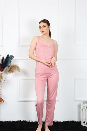 Moda Çizgi Kadın İp Askılı Somon Pijama Takım 4136