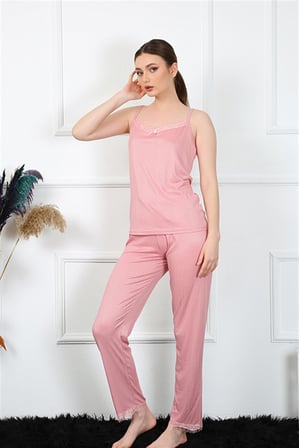 Moda Çizgi Kadın İp Askılı Somon Pijama Takım 4136