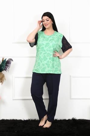 Moda Çizgi Kadın 5XL-6XL-7XL-8XL Büyük Beden Kısa Kol Pijama Takım 75004 Yeşil