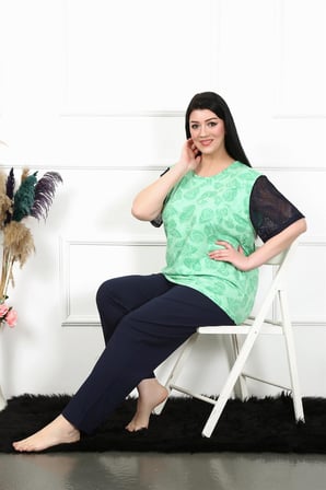 Moda Çizgi Kadın 5XL-6XL-7XL-8XL Büyük Beden Kısa Kol Pijama Takım 75004 Yeşil