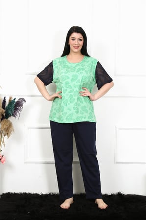 Moda Çizgi Kadın 5XL-6XL-7XL-8XL Büyük Beden Kısa Kol Pijama Takım 75004 Yeşil