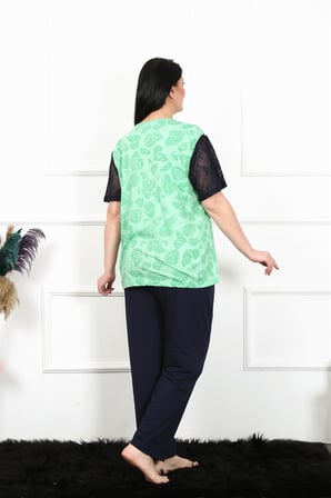 Moda Çizgi Kadın 5XL-6XL-7XL-8XL Büyük Beden Kısa Kol Pijama Takım 75004 Yeşil