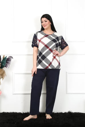 Moda Çizgi Kadın 5XL-6XL-7XL-8XL Büyük Beden Kısa Kol Pijama Takım 75003 Lacivert