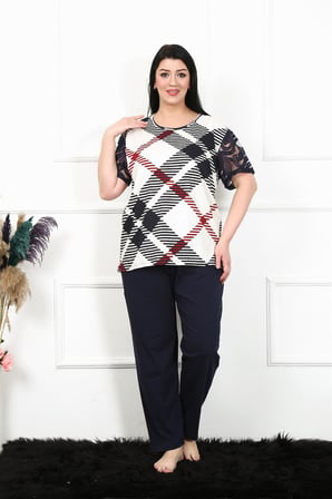 Moda Çizgi Kadın 5XL-6XL-7XL-8XL Büyük Beden Kısa Kol Pijama Takım 75003 Lacivert