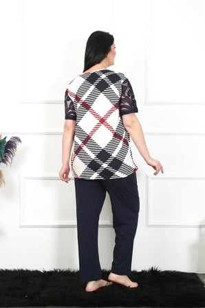 Moda Çizgi Kadın 5XL-6XL-7XL-8XL Büyük Beden Kısa Kol Pijama Takım 75003 Lacivert