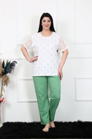Moda Çizgi Kadın 5XL-6XL-7XL-8XL Büyük Beden Kısa Kol Pijama Takım 75001 Beyaz