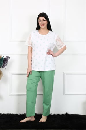 Moda Çizgi Kadın 5XL-6XL-7XL-8XL Büyük Beden Kısa Kol Pijama Takım 75001 Beyaz